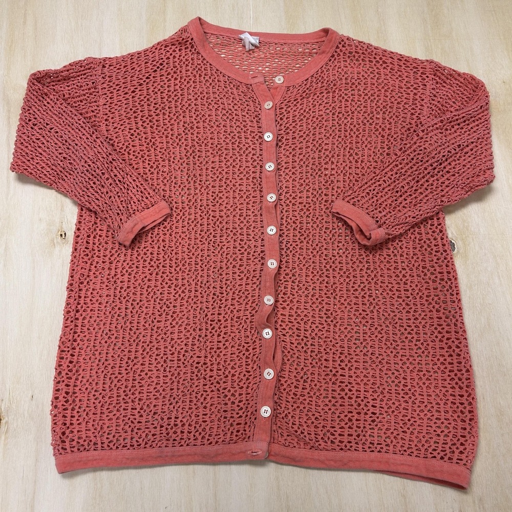 Vintage MODA INTL Cardigan Sweater Womens M/L Pink Crochet Button Lightweight